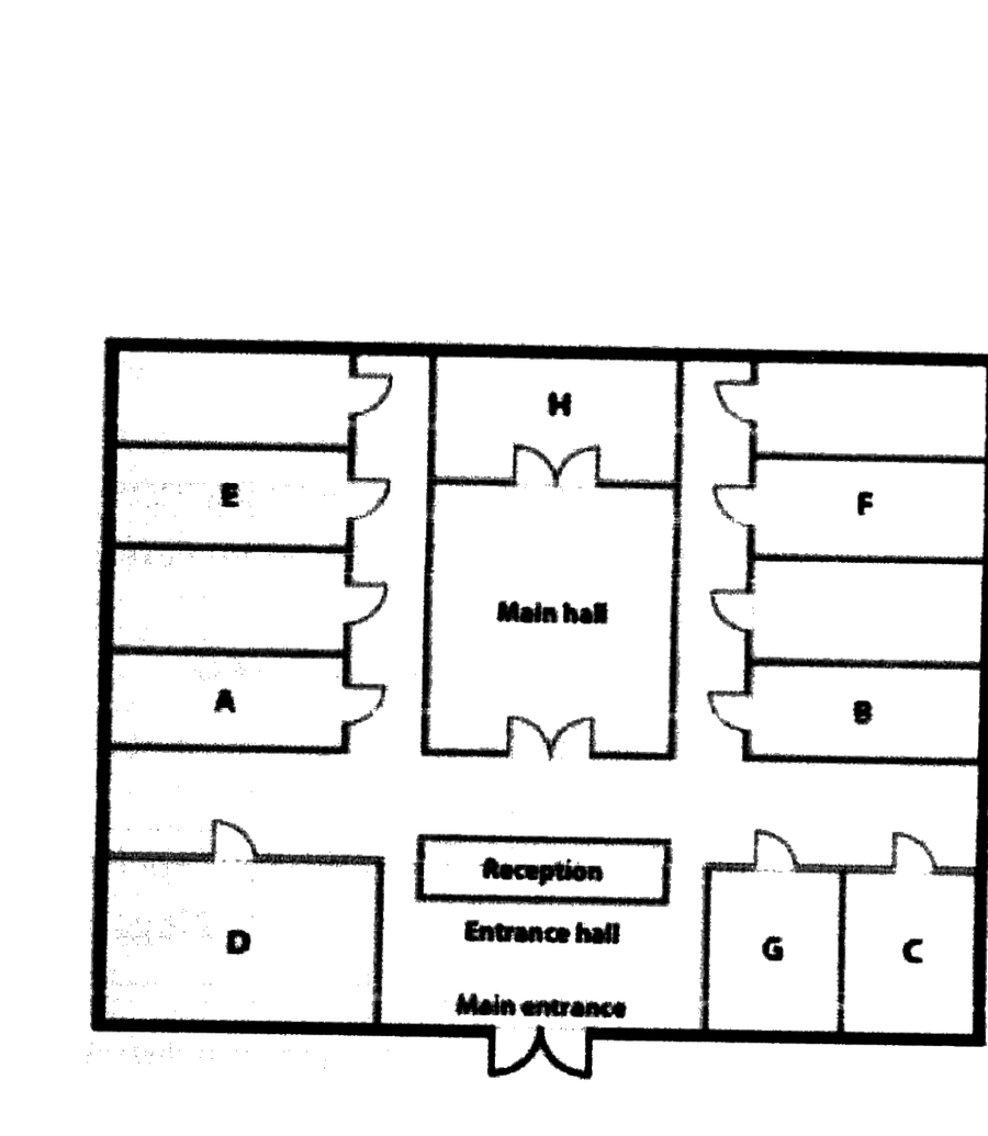Floor plan of the conference venue showing eight rooms (A–H), the Main hall, Reception, Entrance hall and Main entrance