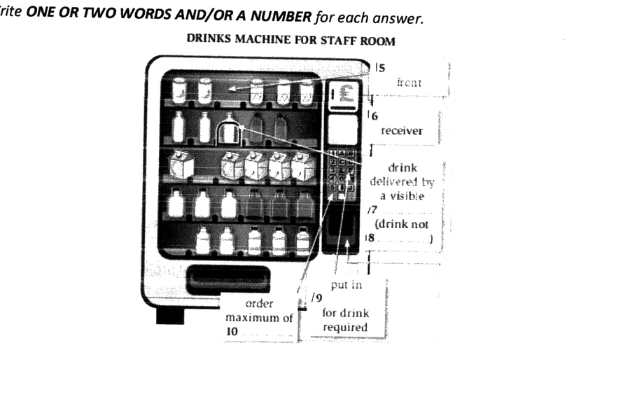 Drinks machine for staff room. Labelled positions for front material (15), the receiver (16), the visible mechanism that delivers the drink (17), why the drink is not affected (18), how the drink is selected (19), and the maximum order (20).