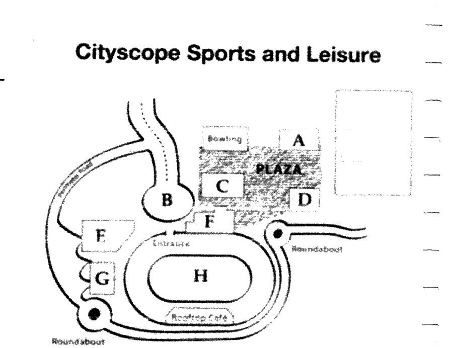 Map of Cityscope Sports and Leisure showing positions A–H plus the Bowling area, PLAZA, Rooftop Cafe, two roundabouts and the main Entrance
