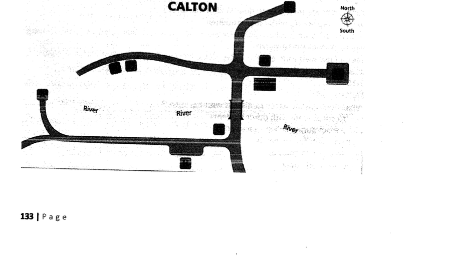 Calton town map showing river and labelled building positions A through H