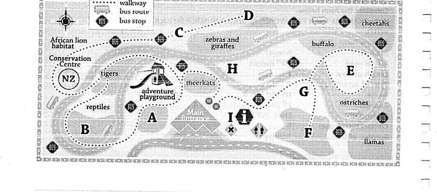 Plan of Orana Wildlife Park showing locations A through I, plus labelled animal habitats (lions, tigers, cheetahs, buffalo, zebras, giraffes, ostriches, llamas, meerkats, reptiles), the Conservation Centre, adventure playground, and main entrance